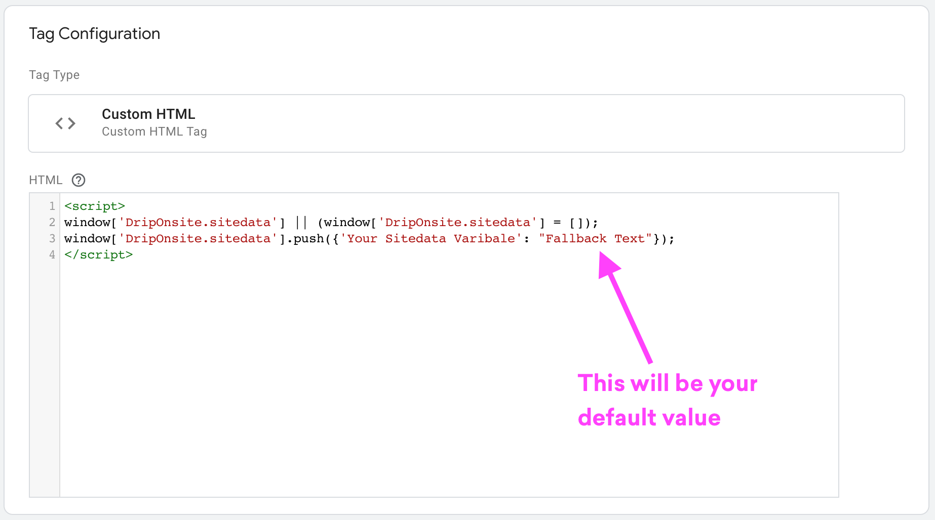Tag configuration in google tag manager under custom HTML showing fallback value in code snippet