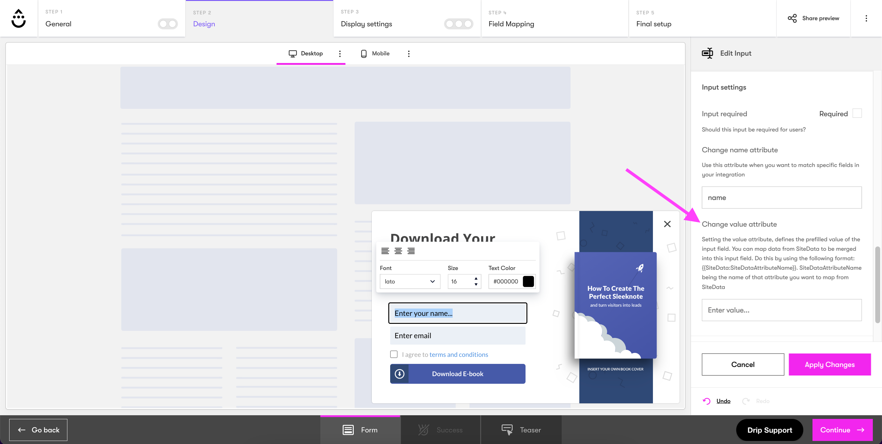 Onsite builder step two design step change the value attribute
