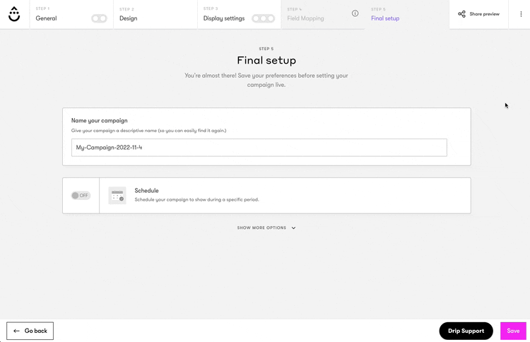 Onsite builder, Final step tab clicking the Show more options dropdown to expand and view the one page website option