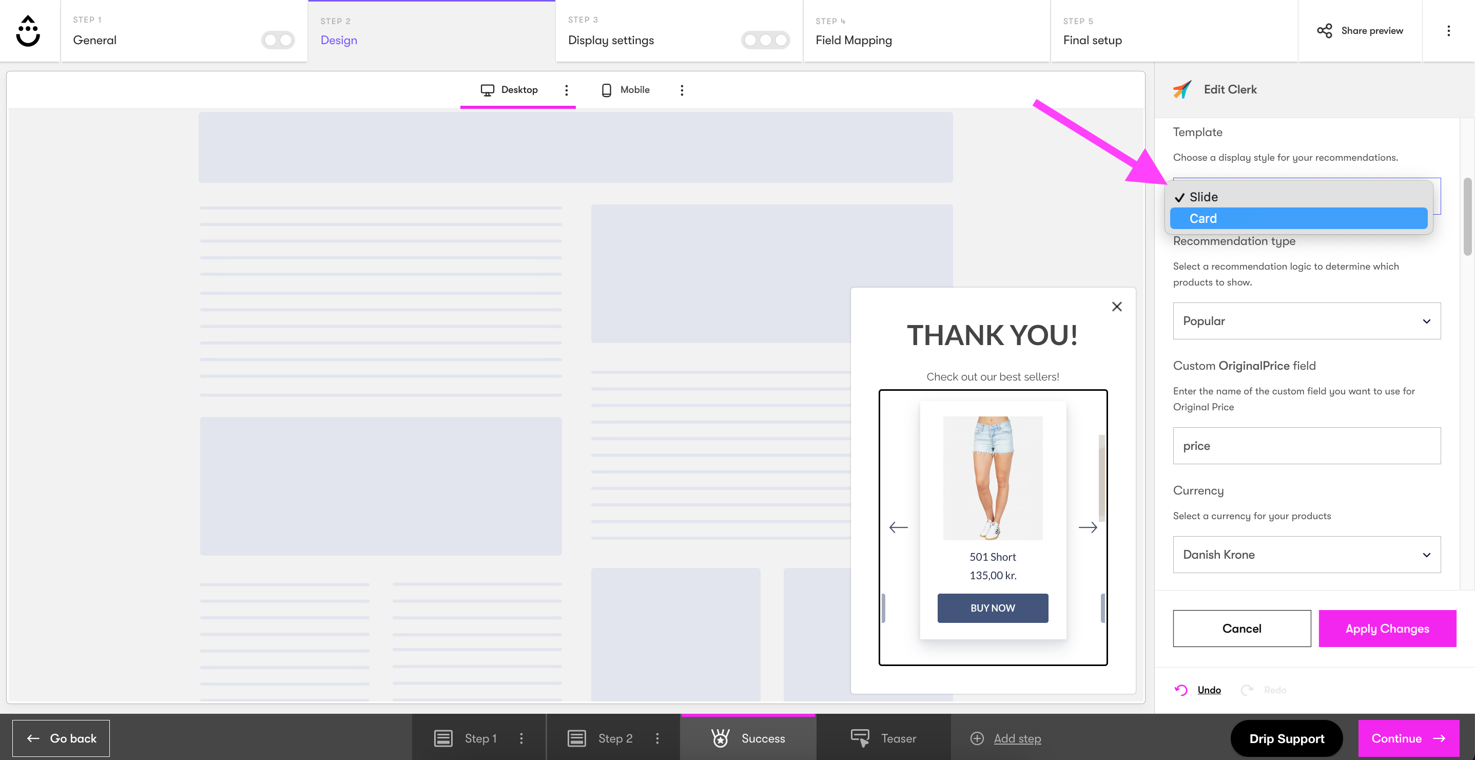 Onsite Builder Clerk settings to choose display style dropdown