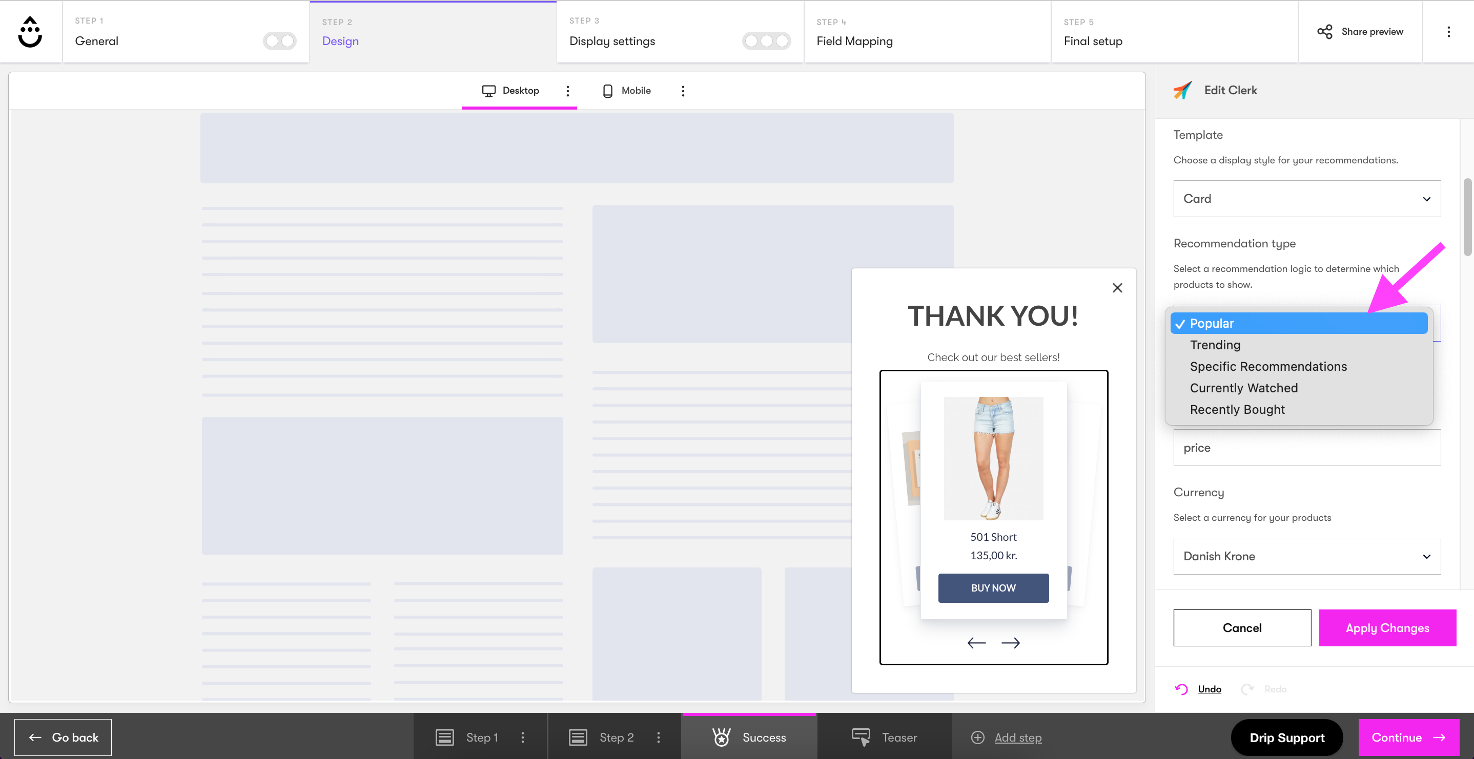 Onsite Builder Clerk settings recommendation type dropdown