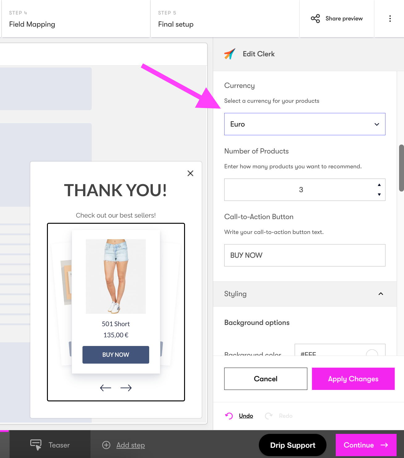 Onsite Builder Clerk settings currency type