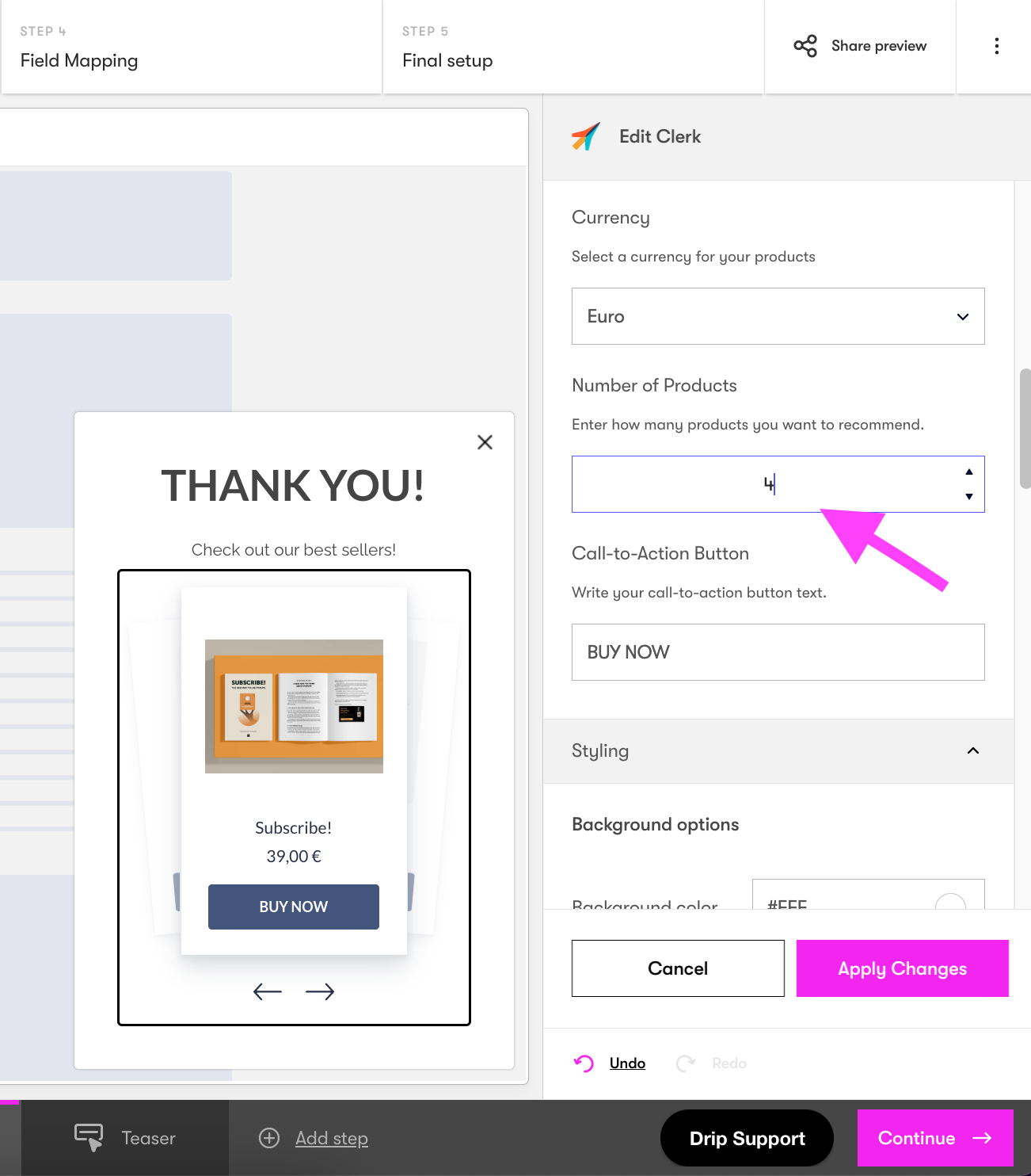 Onsite Builder Clerk settings choose number of products to include