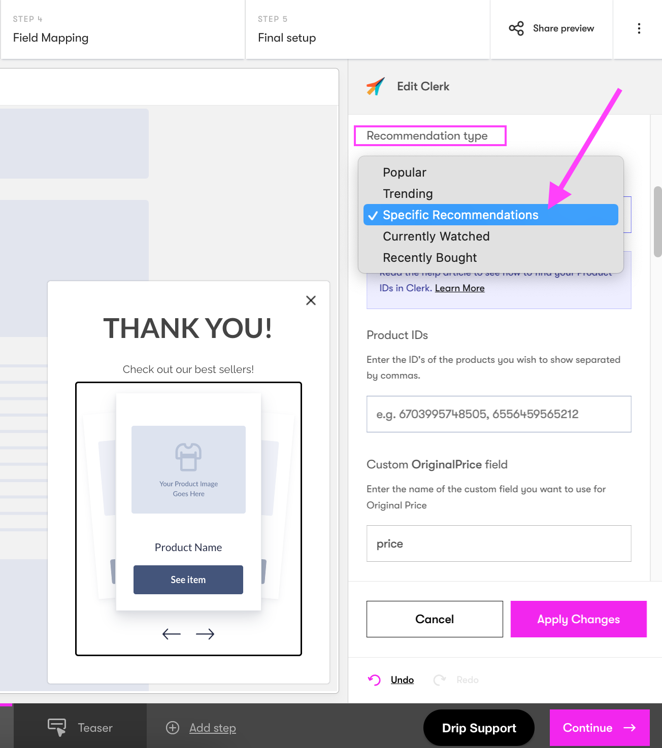 Onsite Builder Clerk settings recommendation type dropdown selecting Specific Recommendations