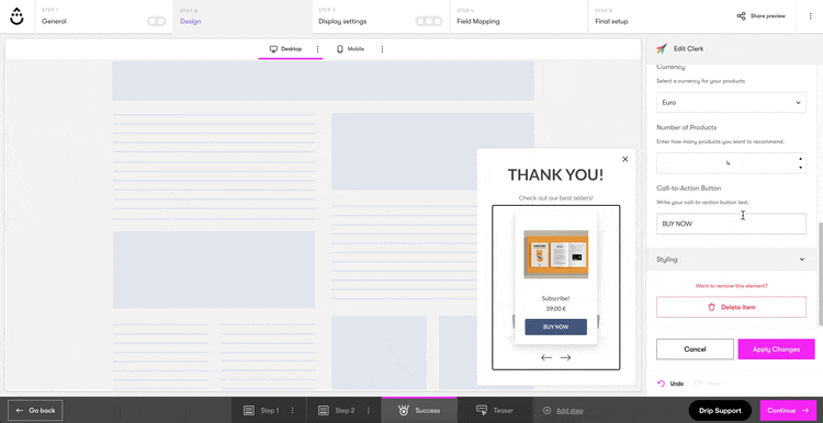 Onsite Builder Clerk settings call to action button