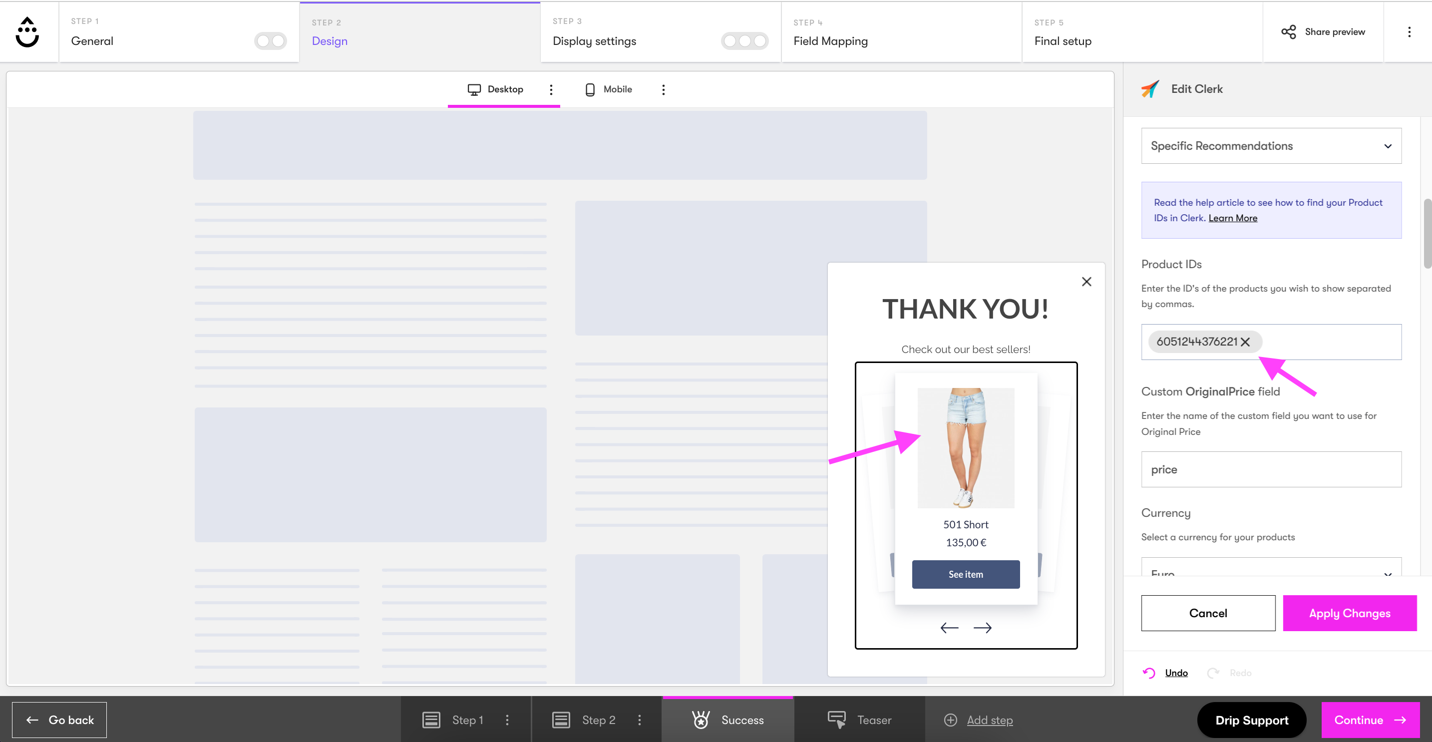 Onsite Builder Clerk settings Specific Recommendations adding product number Product IDs