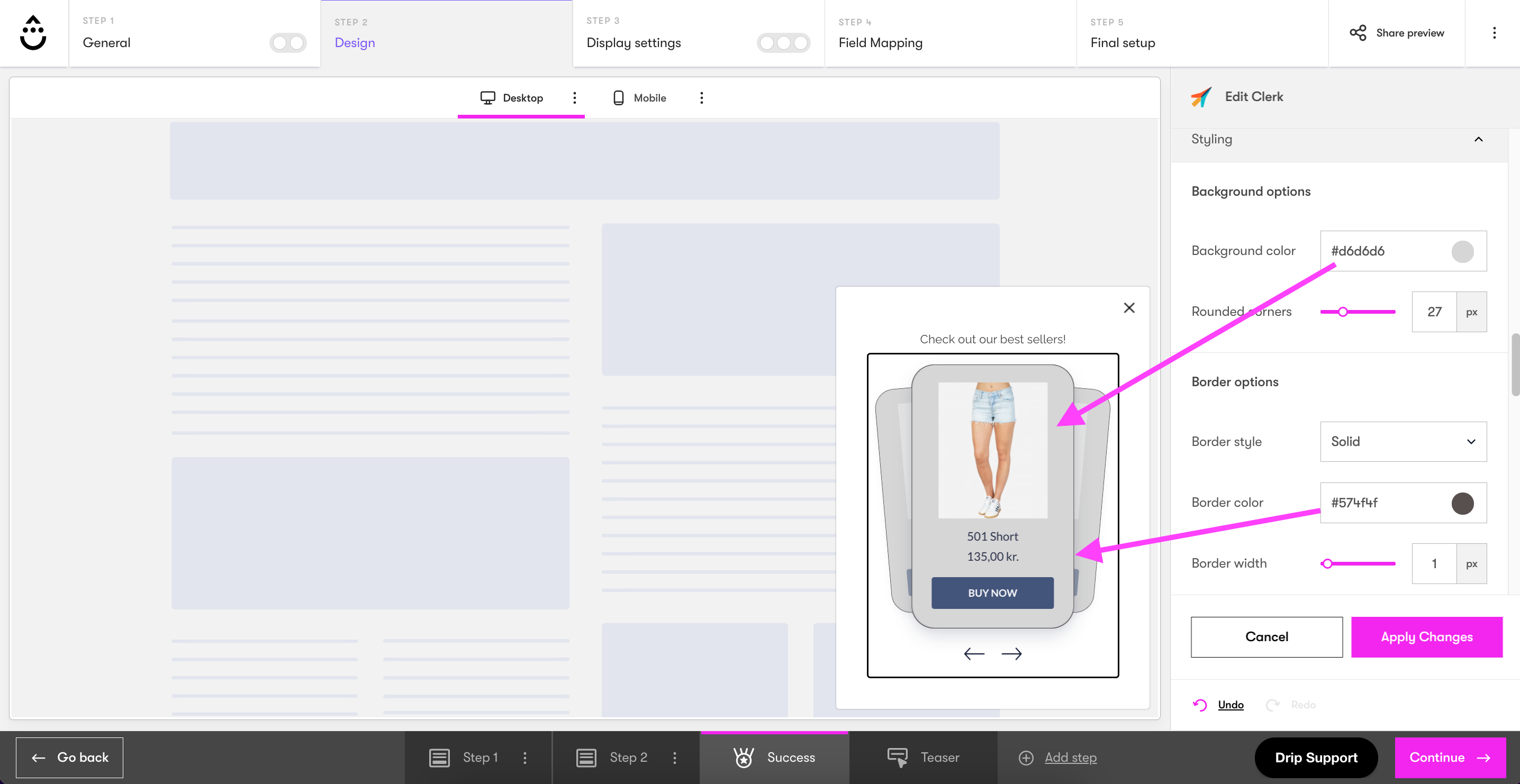 Onsite Builder Clerk settings Styling options highlighting background color and border color