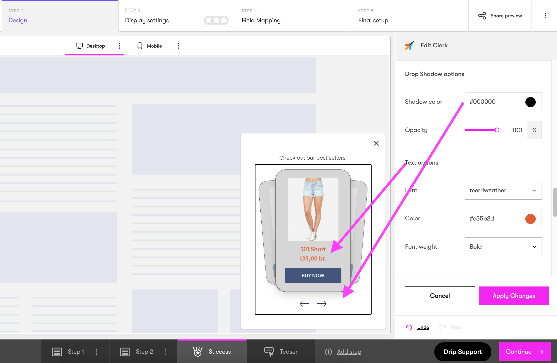 Onsite Builder Clerk settings Drop shadow options highlighting shadow color and text options