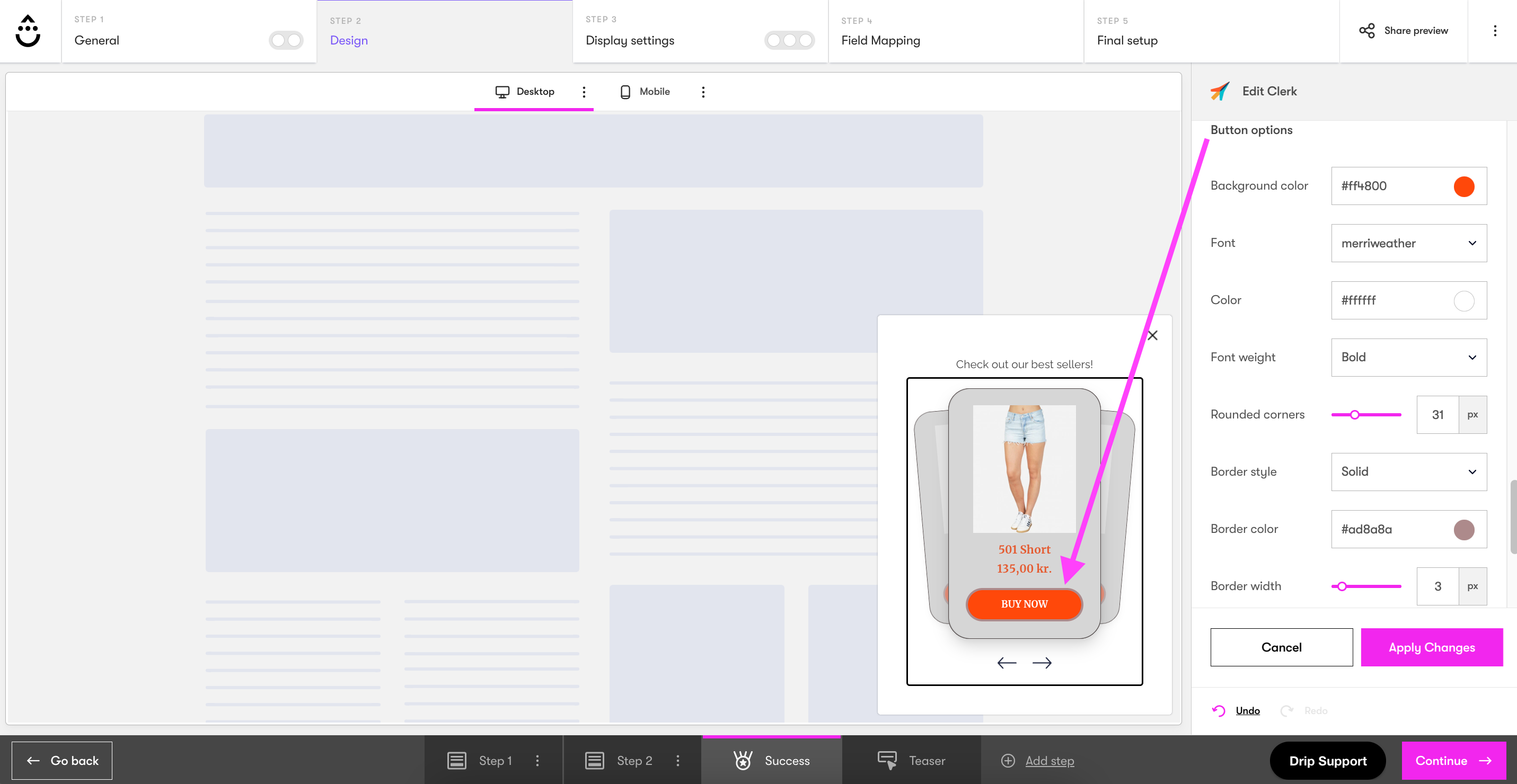 Onsite Builder Clerk settings Styling options highlighting Button options