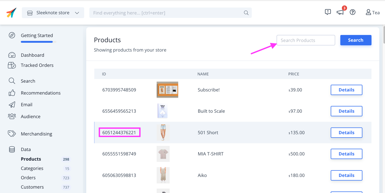 Clerk settings Data Product option showing the Search bar