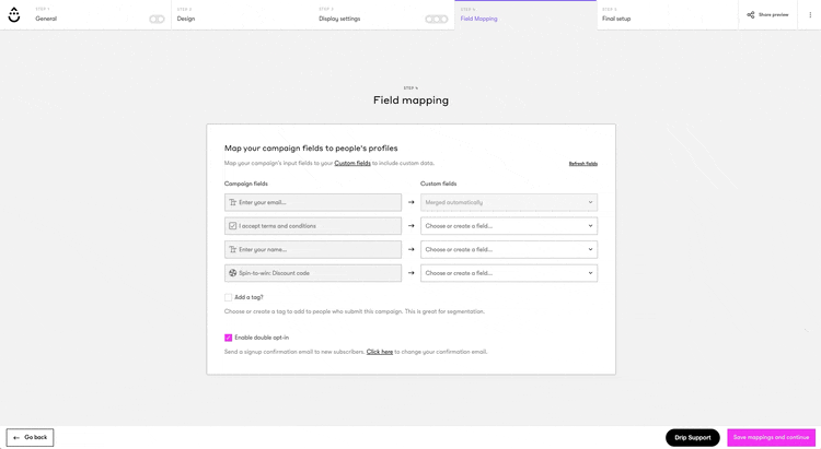 Onsite builder step four field mapping, mapping the spin to win code to a custom field