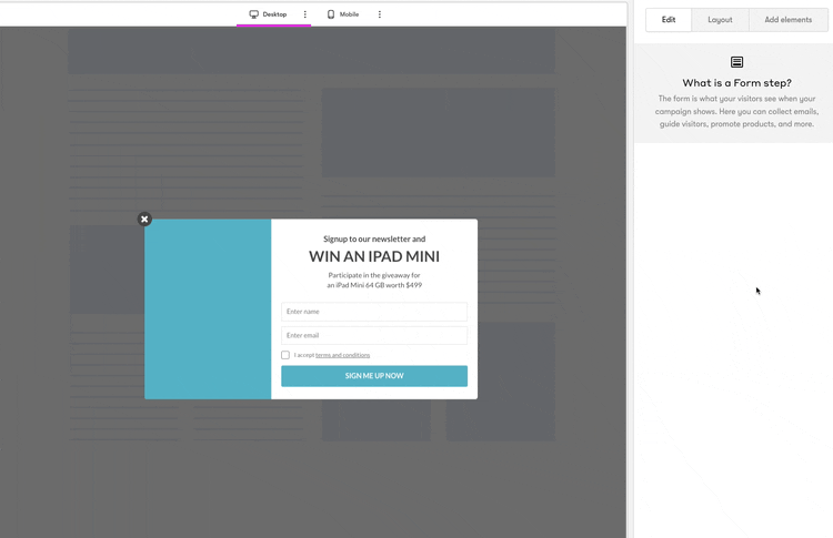 Onsite builder step two design,drag the spin-to-win element onto a campaign from the Add Elements menu