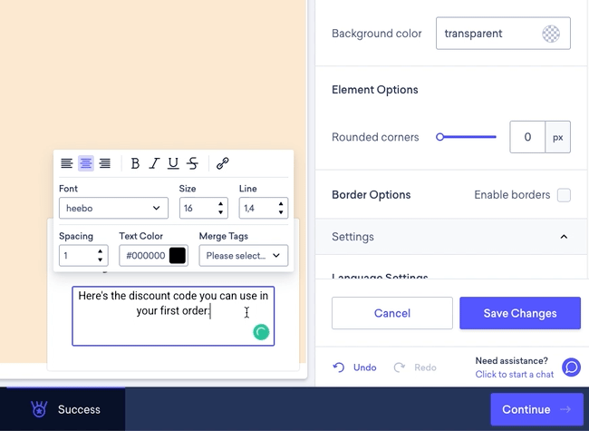 Editing the spin-to-win messaging, selecting the Merge tags option and choosing the site reward code