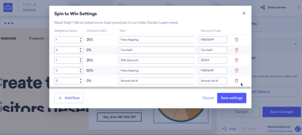 Adjusting the spin to win settings for options and probability