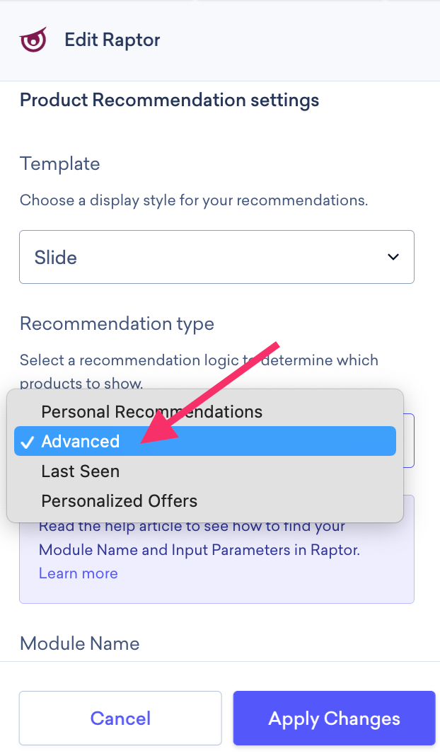 Edit Raptor product recommendation settings with the recommendation type set to advanced