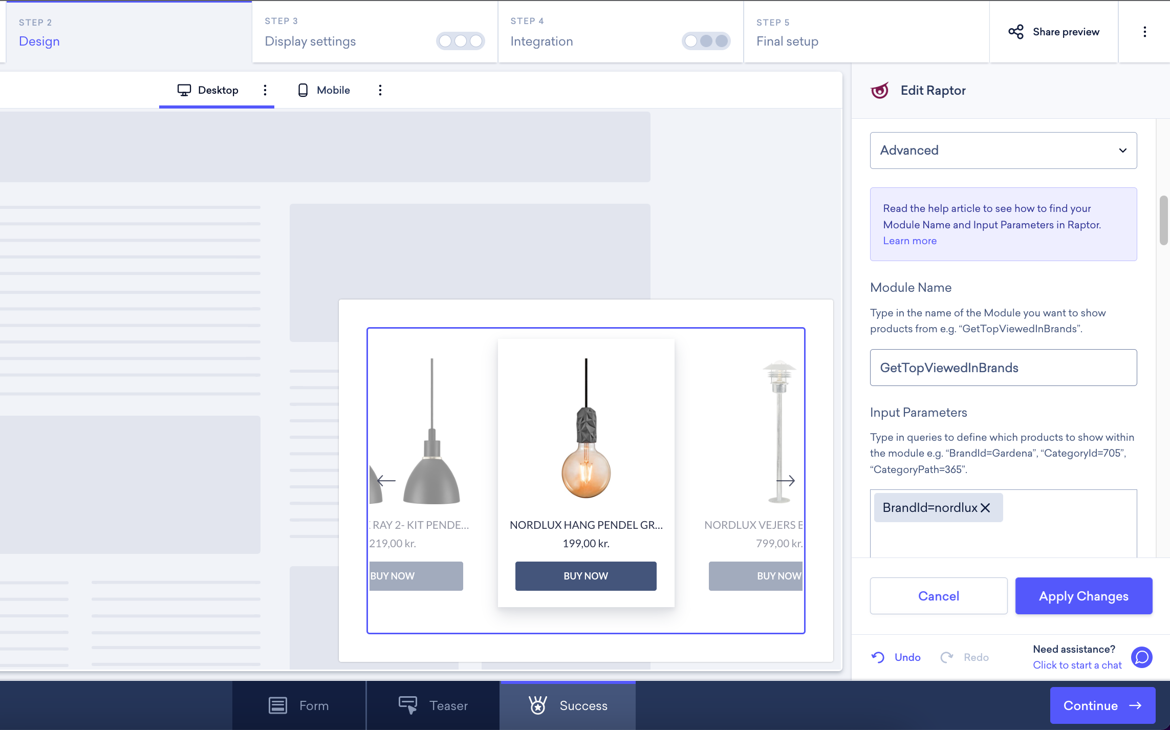Onsite builder design step using the Edit Raptor settings set to advanced