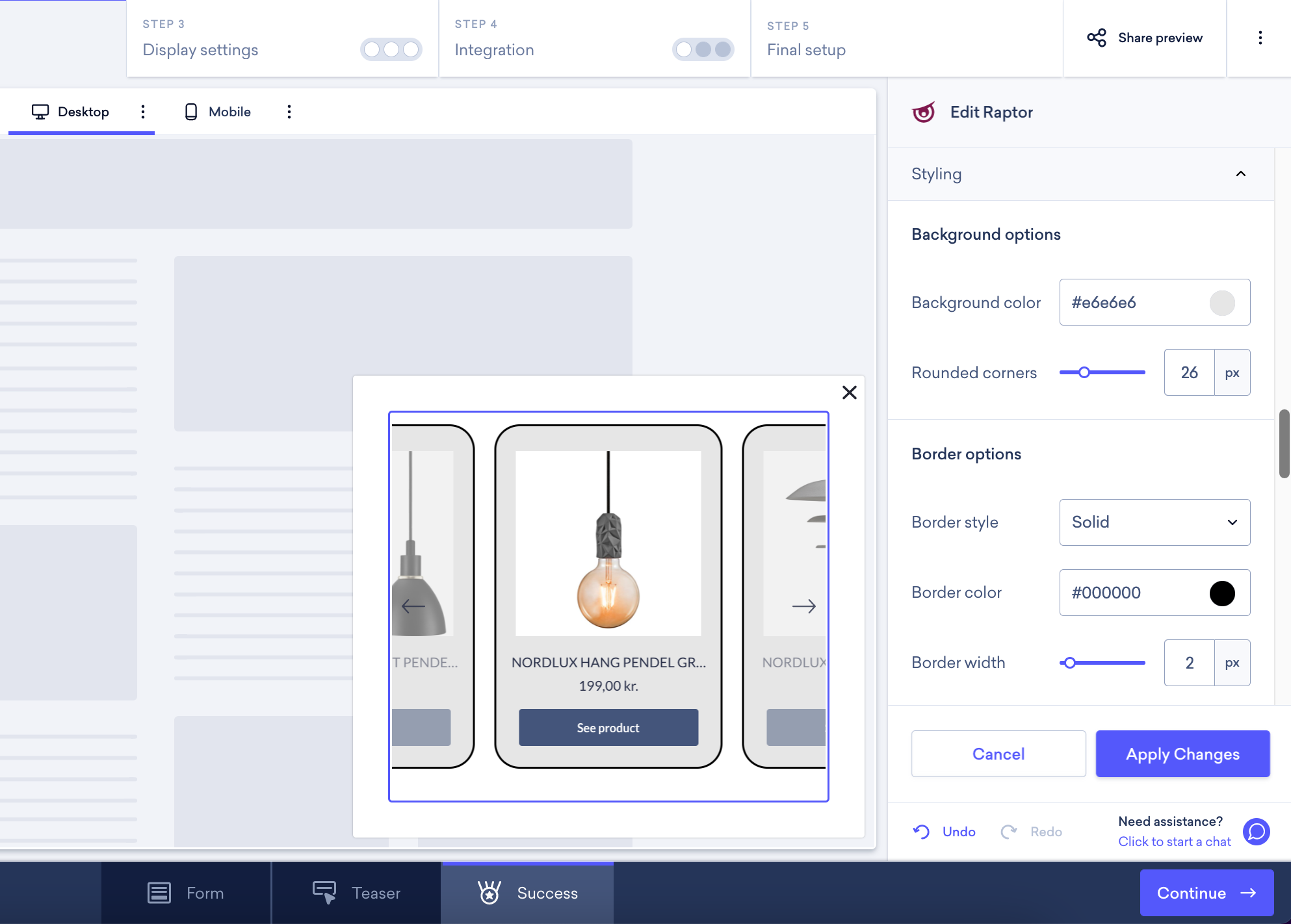 Onsite builder design step editing the product carrousel background and order options