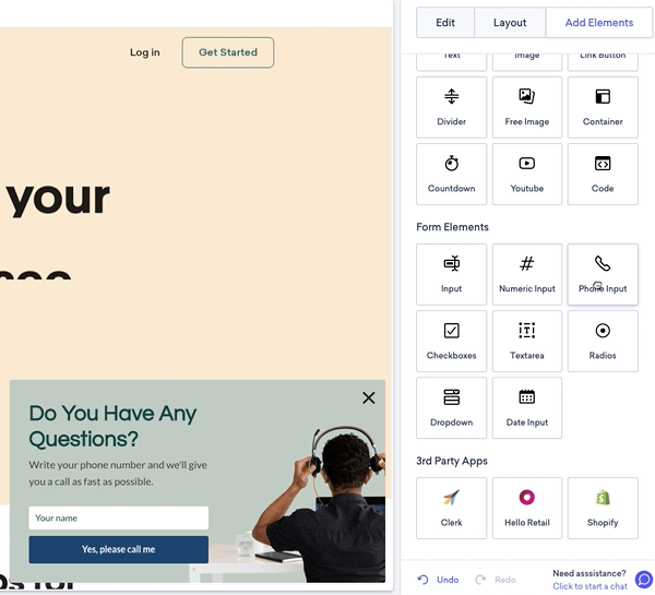 Onsite Builder under Add Elements drag the Phone Input element to the campaign
