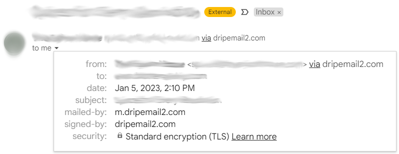 Email address with no Custom Sending Domain having dripemail2.com domain in an email