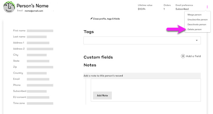 Delete People from the three dots dropdown in the person's Profile
