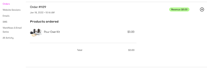 Order details from the orders tab in a person's profile page