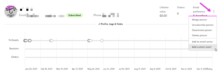 Add Custom Events option using the three dot menu in a person's profile page