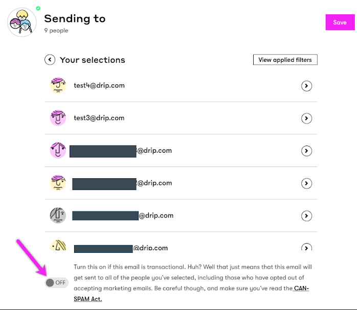 Toggle button to determine if the purpose of the email is transactional in the segment selection section of the email builder