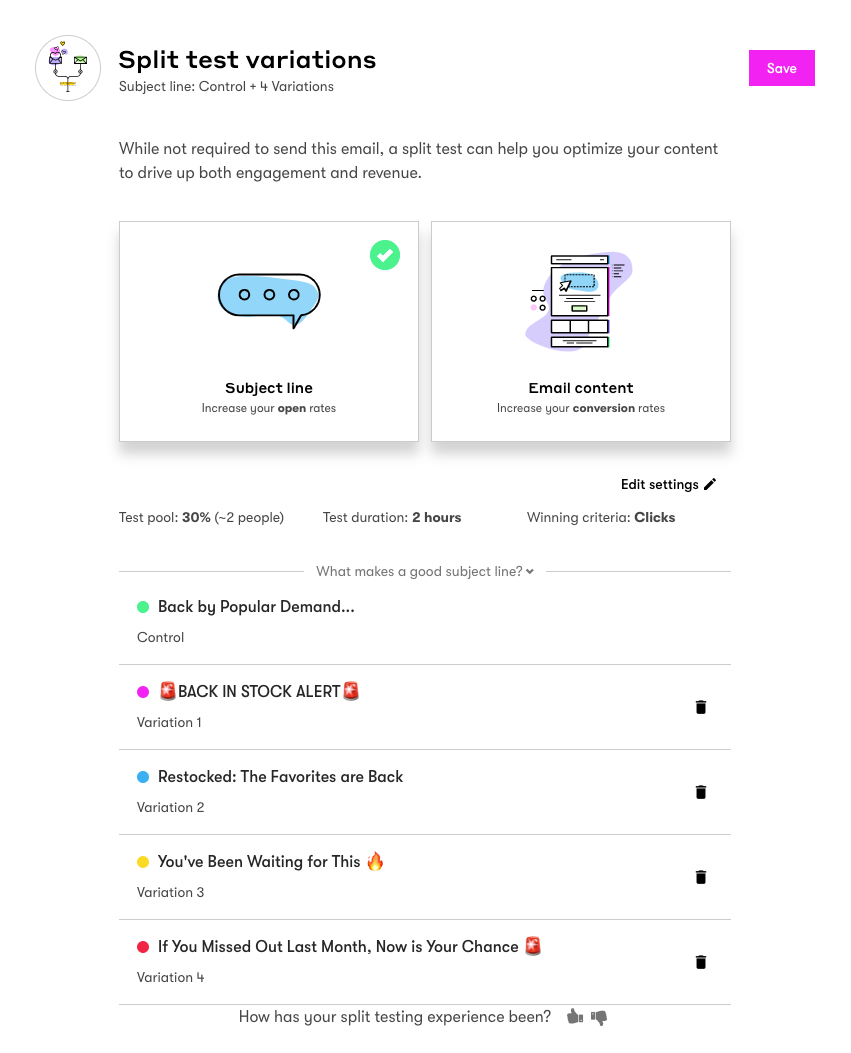 Split test option for choosing to test subject lines in the Visual email builder