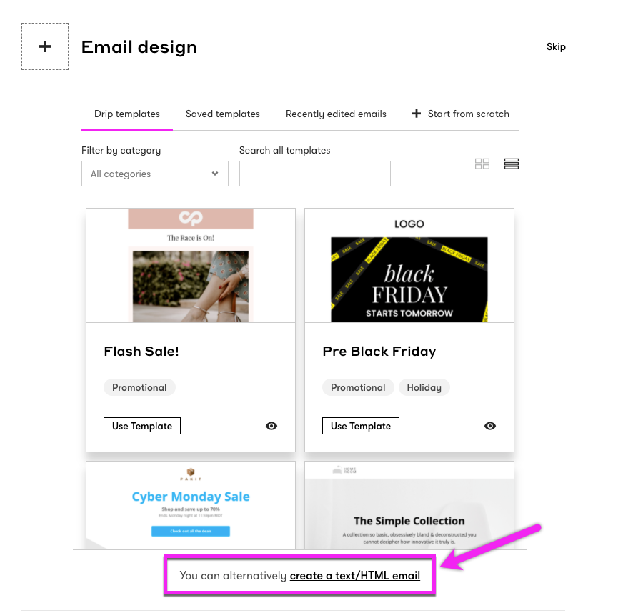 Option to change from the Visual email builder to the Text/HTML Builder under templates in the Visual email builder
