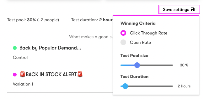 Split test settings to choose the Winning criteria in the visual email builder