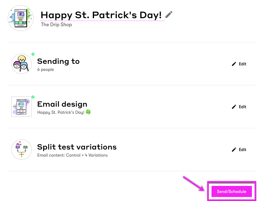 Send/Schedule button found at the bottom right of the email builder