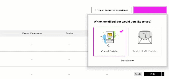 Choose Email Builder type visual or Text/HTML in the Legacy email builder
