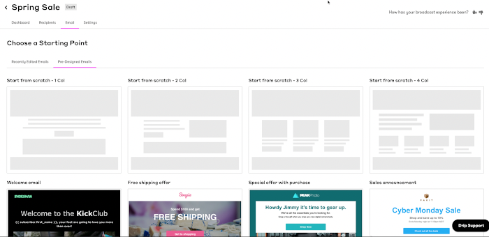 Email template options in the Legacy email builder