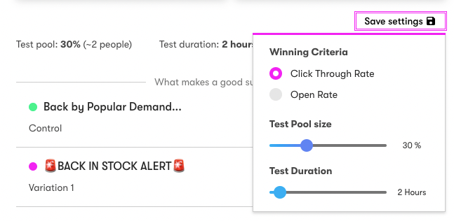 Split test winning criteria settings in a Visual email builder
