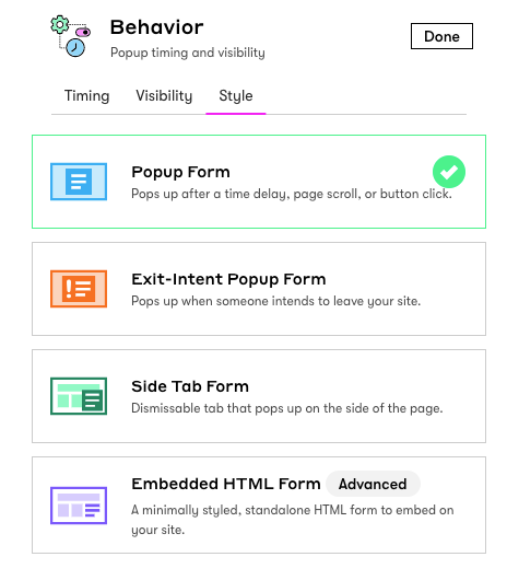 Form Behavior Style setting to choose the type of popup form