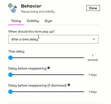 Popup Form Timing Settings found under Behavior