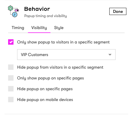 Popup Form Visibility Settings found under Behavior