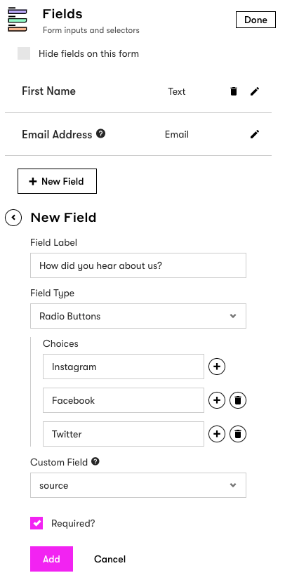 Popup Form Fields settings