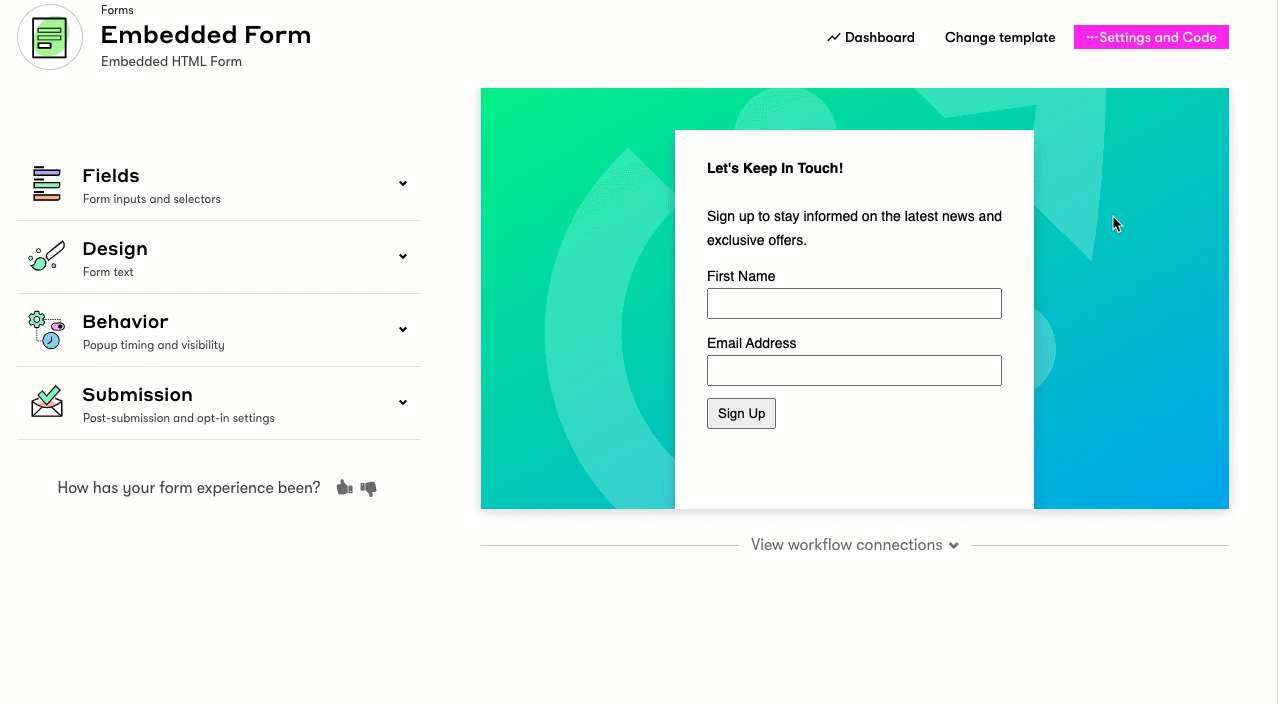 Embedded Form HTML code found in Settings and Code button