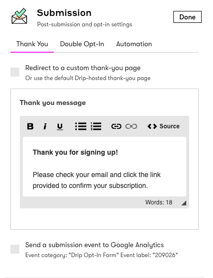 Embedded Form Submission settings