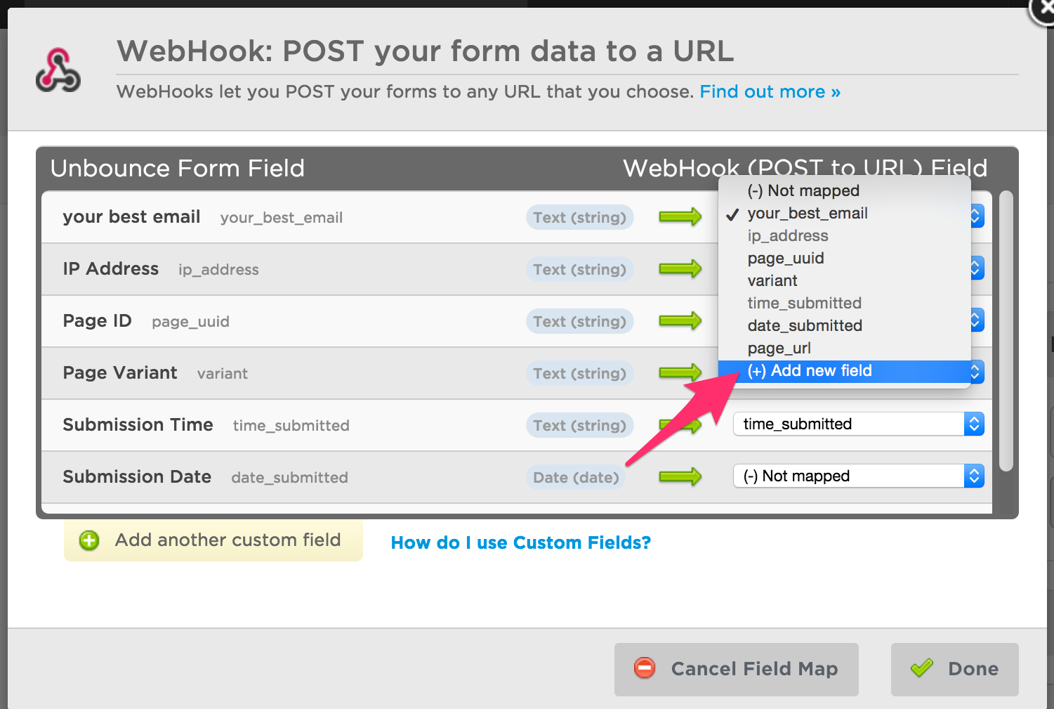 Webhook form fields found in Unbounce