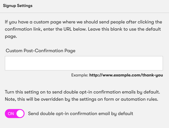 Sign up settings in an email series to set a confirmation thank you page URL