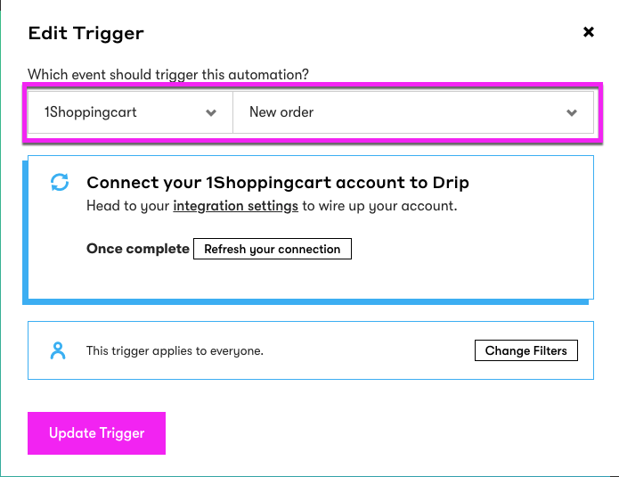 Drip workflow trigger for 1ShoppingCart New order
