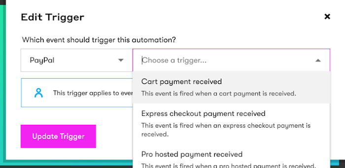 Drip workflow trigger with Paypal triggers options