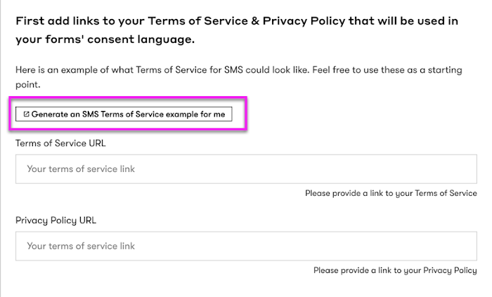 Getting Started with SMS generate an SMS terms of service example for me