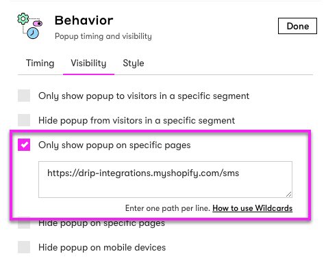 Drip form builder with Behavior Only show popup on specific pages checkbox