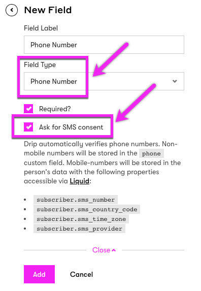 Build Your SMS List - Form Field type and Ask for SMS consent checkbox