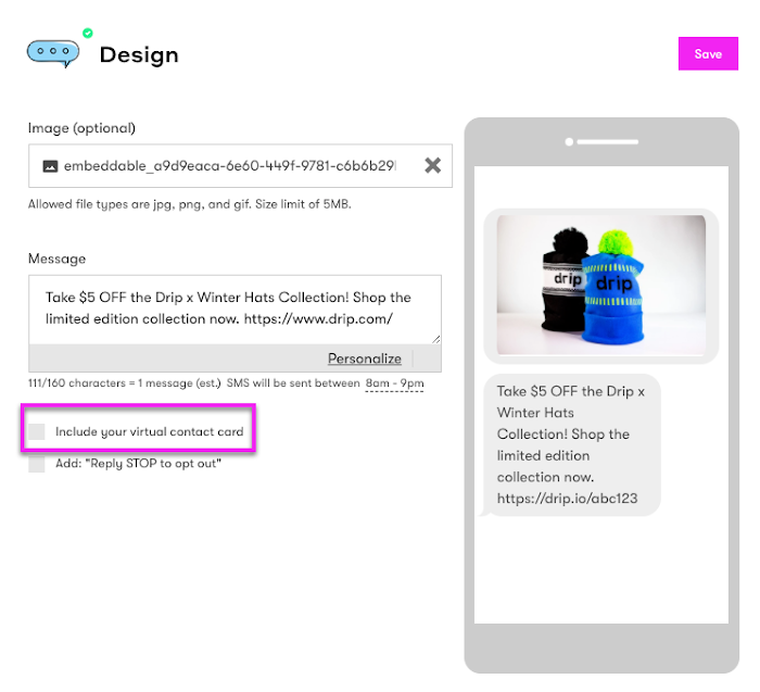Contact Cards - Contact Card SMS Campaign with include your virtual contact card checkbox