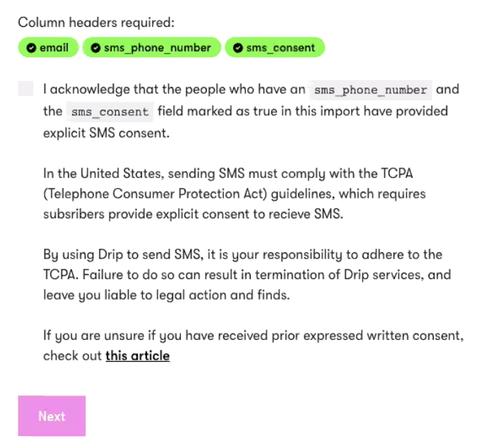 Import SMS Phone Numbers - Explicit Consent Checkbox