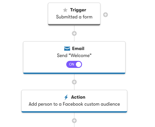 An example of a couple of Action blocks to send an email and add a person to a Facebook custom audience in a workflow